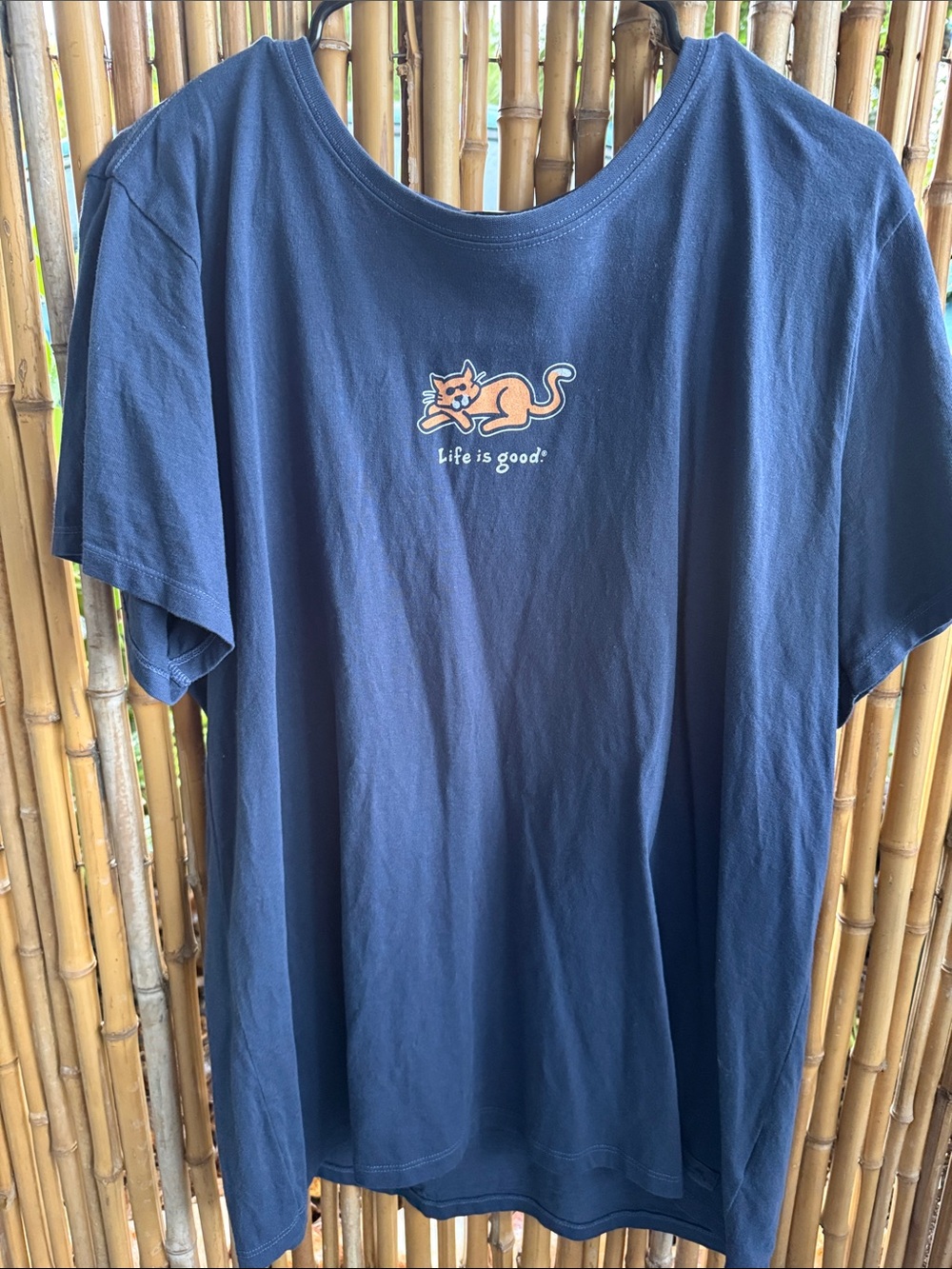 Life Is Good Navy Tee with Orange Cat Graphic - Kids Short Sleeve
